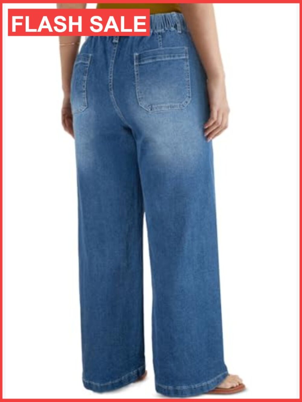 Plus Size Wide Leg Jeans Elastic Waist Drawstring Stretchy Denim Pants with - Picture 2 of 7